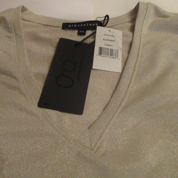 V Neck Shimmer Silver Beige 35" Tank Top Sleeveless Womens Tee Gibson Look New - Picture 9 of 15